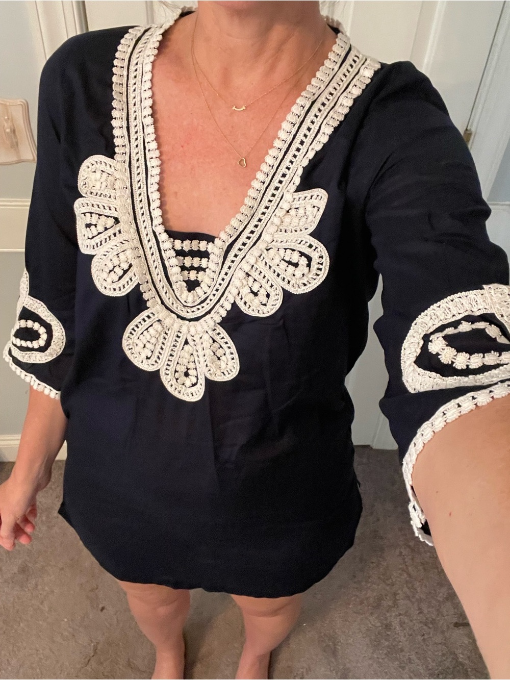 J. Crew Navy Blue & White Crochet-Trim Swim Coverup